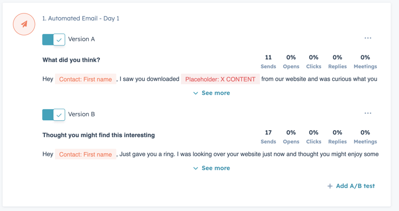 AB Testing in Sequences HubSpot