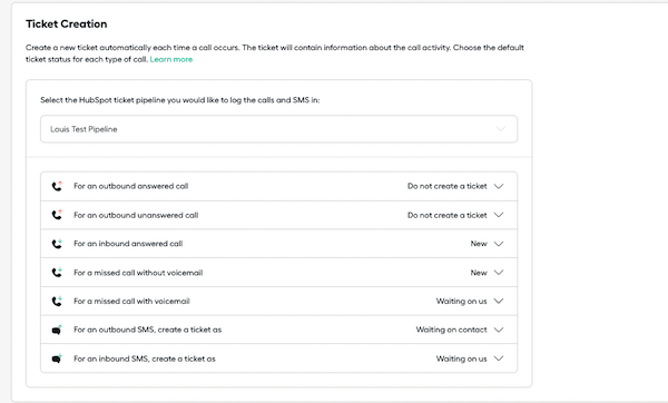 Aircall HubSpot automatic ticket creation